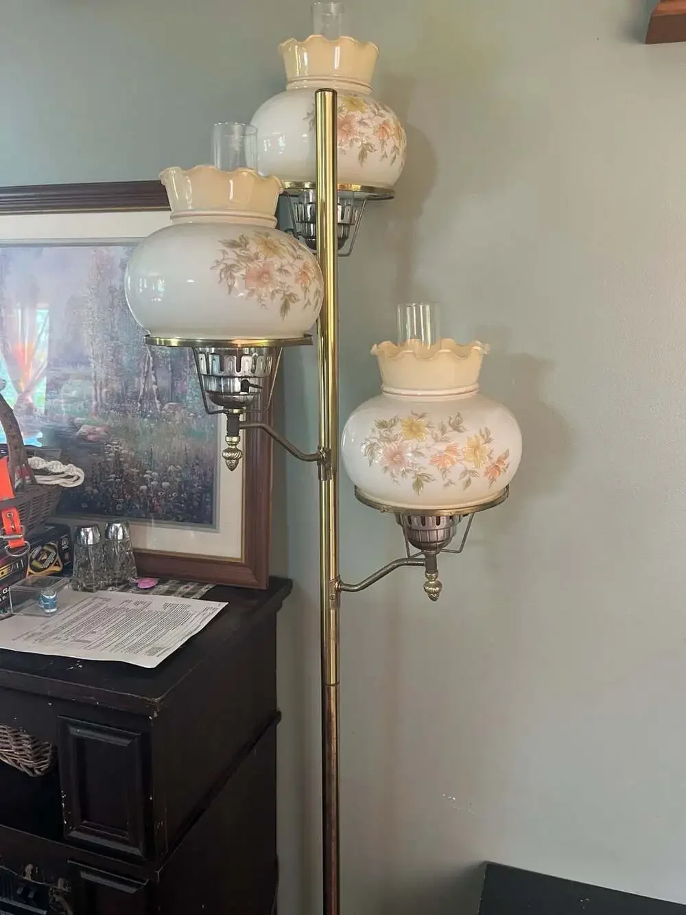 Vintage 3-Light Brass Floor Lamp with Floral Hurricane Glass Shades